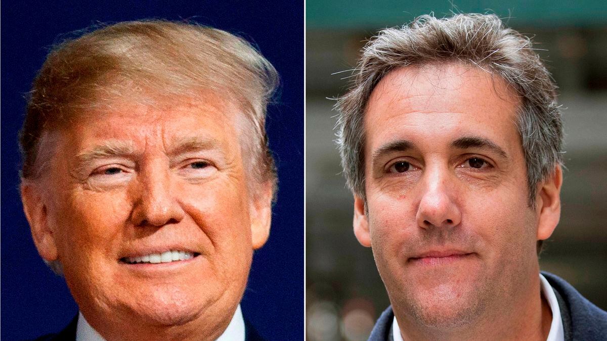 This file combination photo shows President Donald Trump and attorney Michael Cohen. Cohen’s memoir about Trump will be released Sept. 8, 2020, by Skyhorse Publishing, which confirmed the news Thursday, Aug. 13, 2020, to The Associated Press.