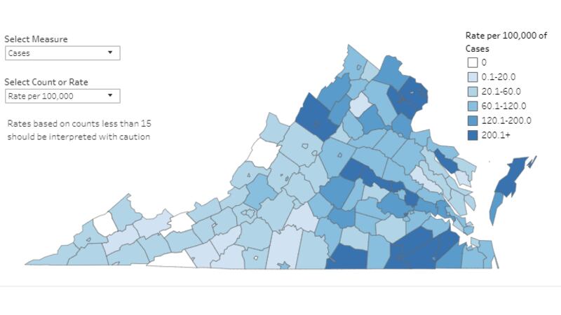 Graphic provided by the Virginia Dept. of Health showing cases on a rate per 100,000 people as...