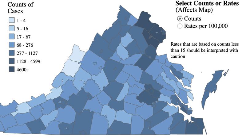 Map of COVID-19 cases in Virginia as of August 1, 2020.