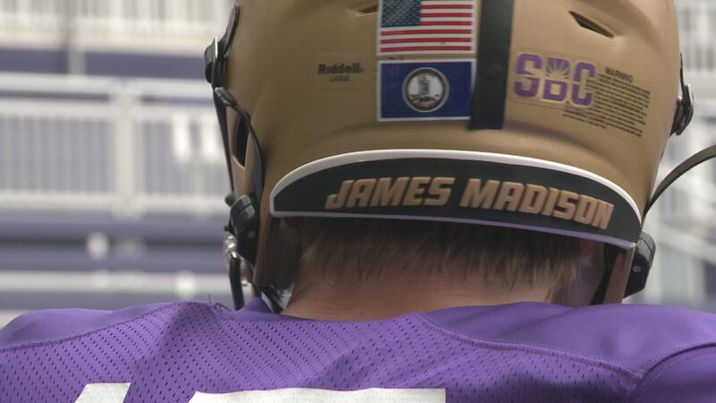The back of a helmet during 2023 fall football camp at James Madison