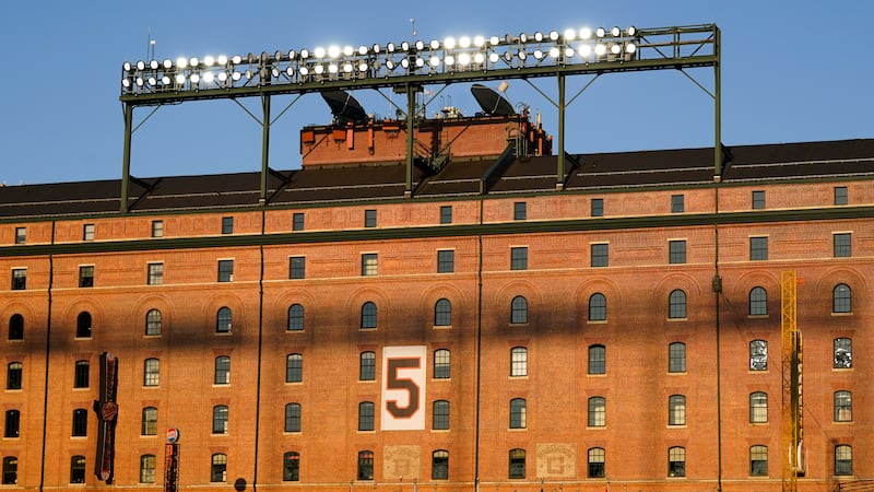 The retired number of Baltimore Orioles Hall of Fame third baseman Brooks Robinson is seen on...