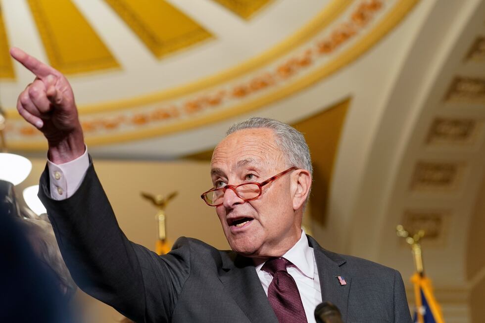 Senate Majority Leader Chuck Schumer of N.Y., speaks during a news conference at the Capitol...