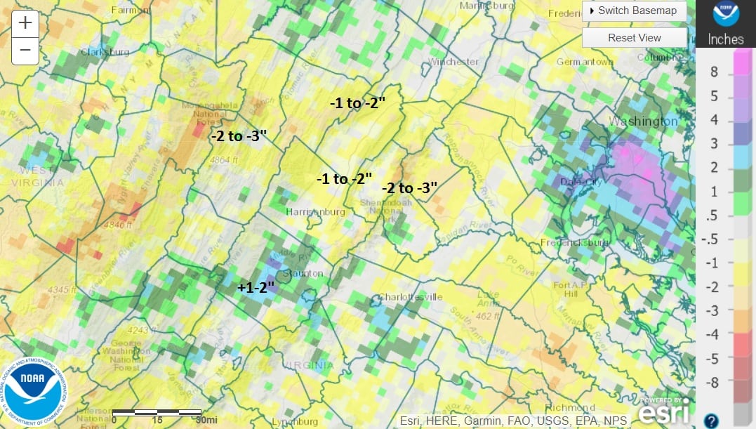 Rainfall compared to average, as of 8 a.m. July 30th, 2020