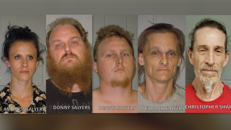Mugshots of Amanda Salyers, Donny Salyers, Dennis Salyers, Farrah Salyers, and Christopher...