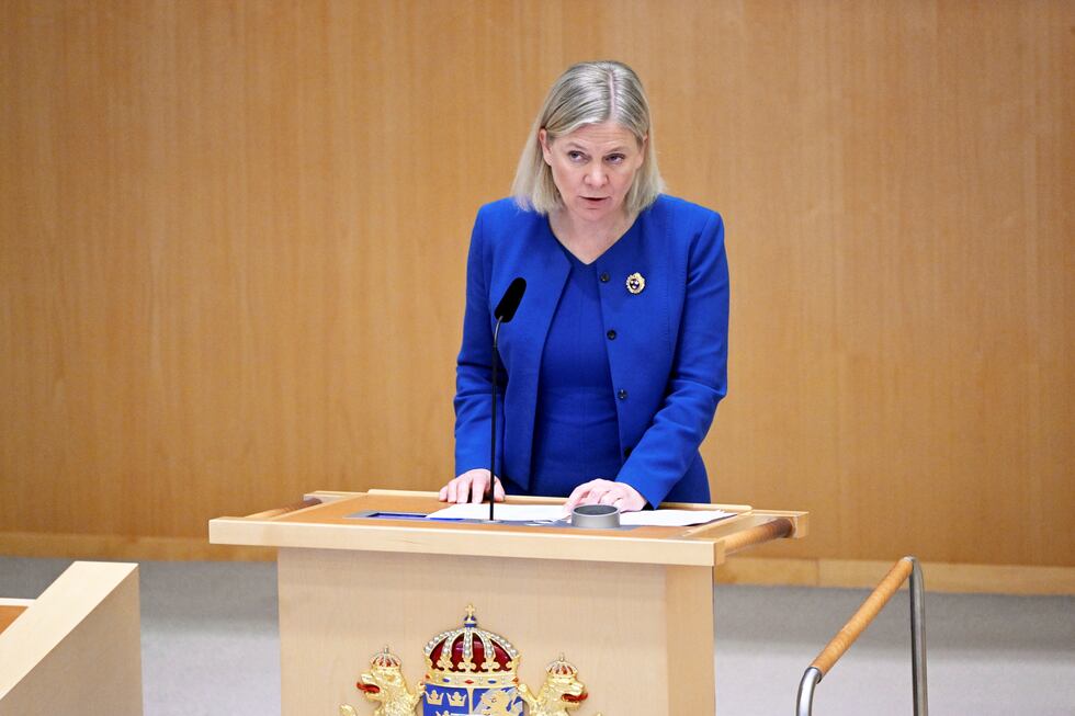 Prime Minister Magdalena Andersson talks during the parliamentary debate on the Swedish...