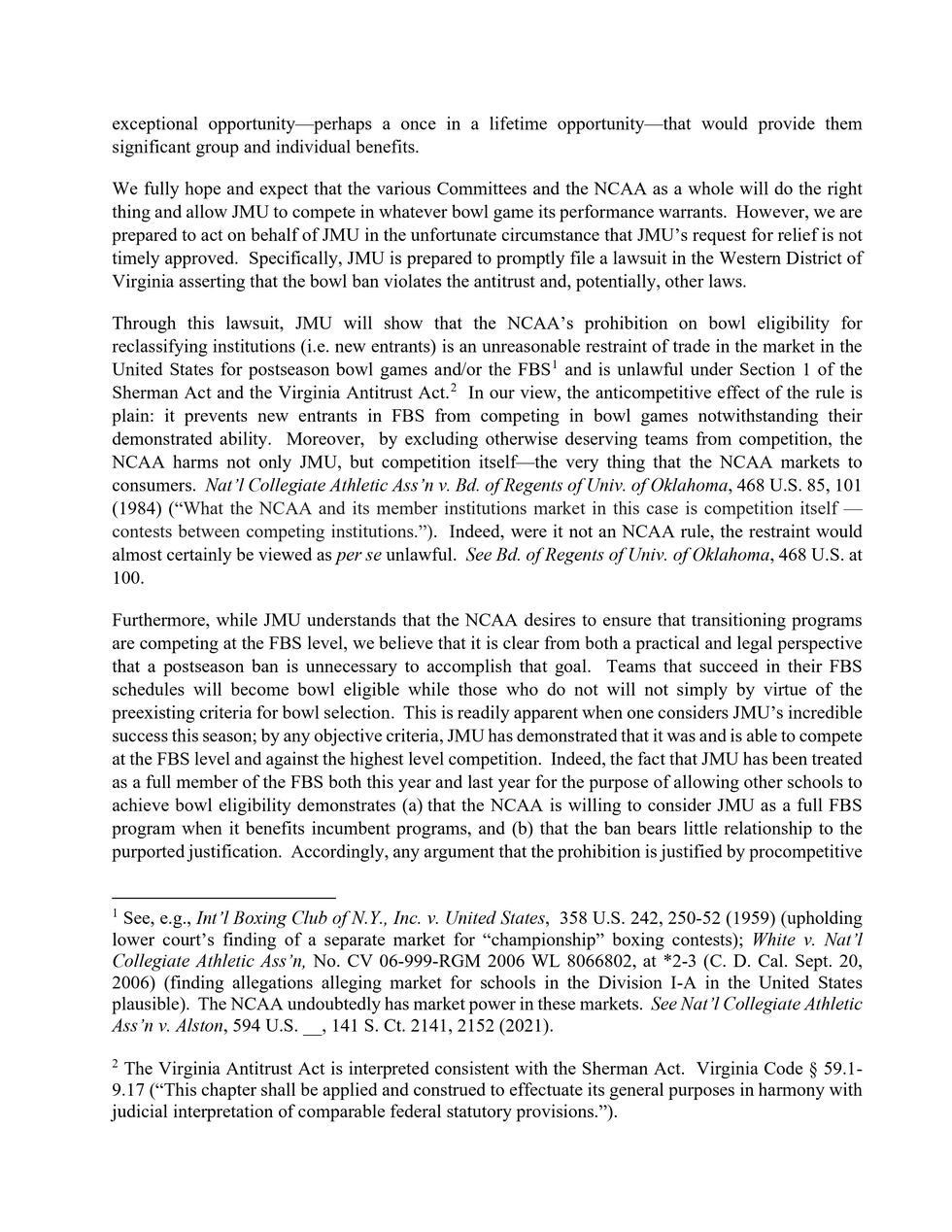 Hunton Andrews Kurth Letter to NCAA threatening legal action regarding JMU bowl ineligibility...