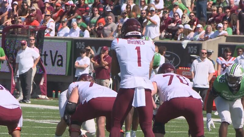 Virginia Tech quarterback Kyron Drones facing Marshall on Sept. 23, 2023.