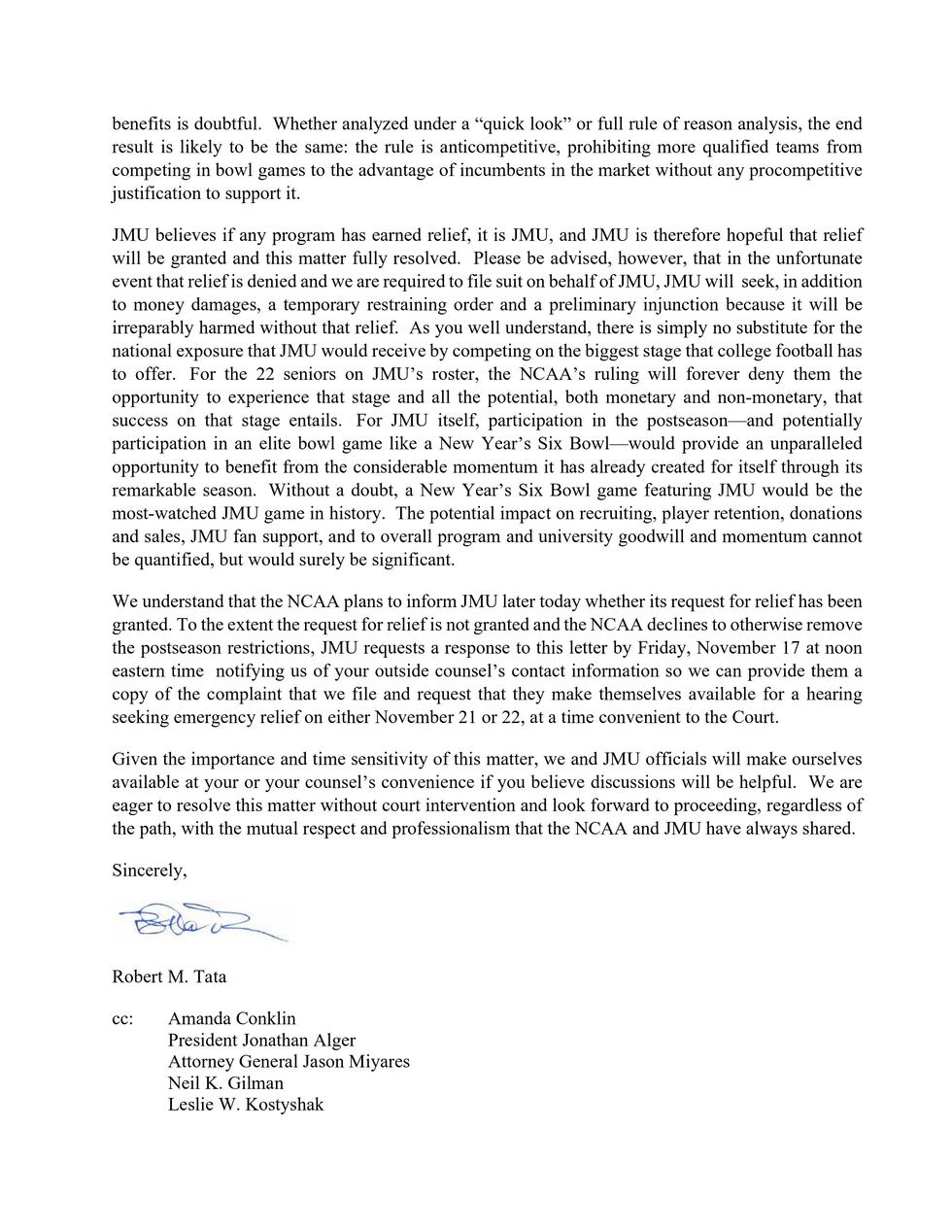 Hunton Andrews Kurth Letter to NCAA threatening legal action regarding JMU bowl inelgibility...